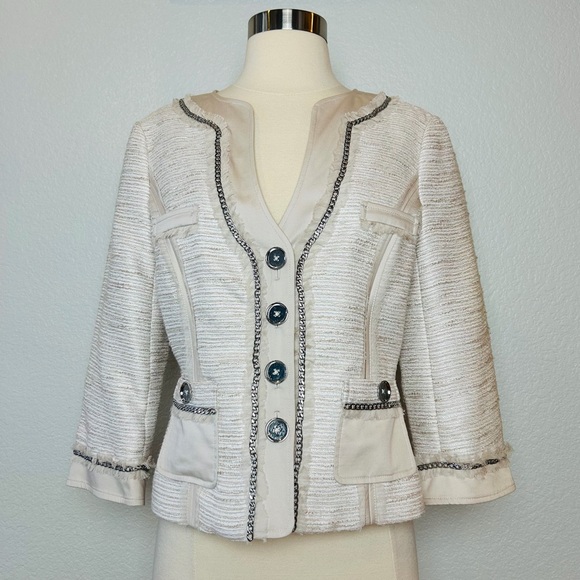 White House Black Market 2 Piece Pants Suit Size 4 Beige Tweed Embellished - Picture 2 of 15